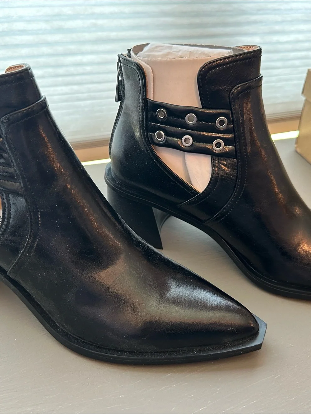 Steve Madden “Gatewood” Black Leather Cutout Ankle Booties with Buckle Straps